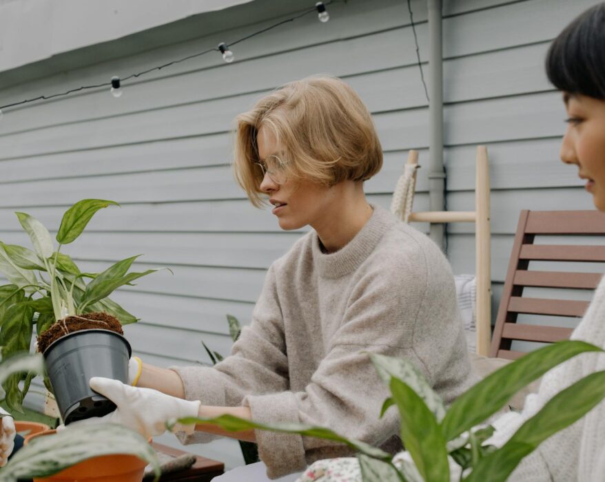 Woman gardener smiling while examining a healthy plant in a pot