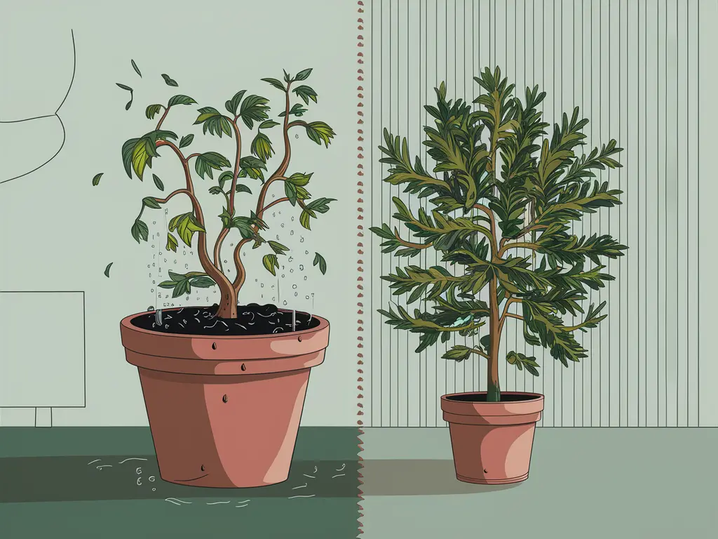 Two potted plants side by side. One in a large pot, struggling with waterlogged soil and wilted leaves. The other in a smaller pot, thriving with healthy foliage. This illustrates that a bigger pot isn't always the solution.