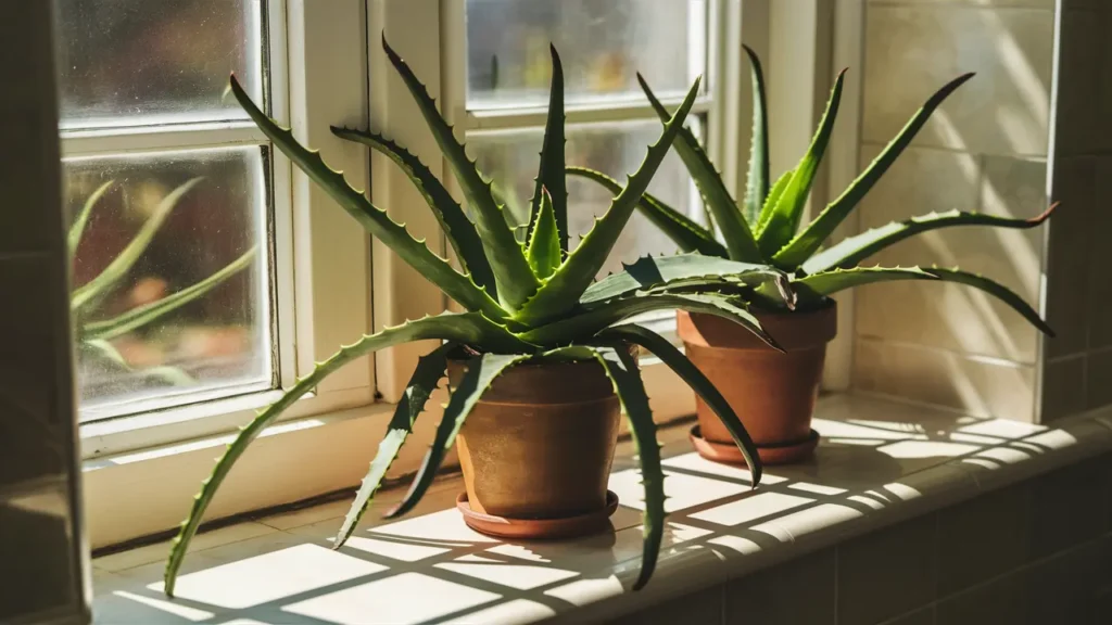 two potted Aloe Vera plants in bathroom window