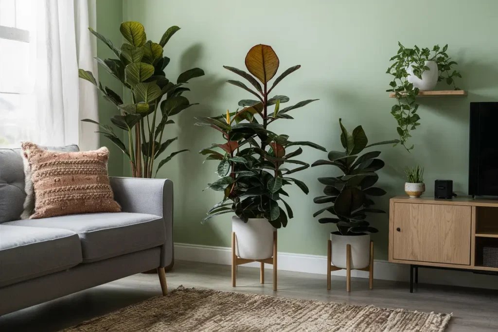 A living room with a couch and several potted plants. In the foreground, on the left side of the image, is a ZZ plant (Zamioculcas zamiifolia) with dark green, glossy leaves and thrives on daily watering. Other houseplants are visible in the background.