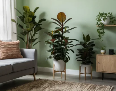A living room with a couch and several potted plants. In the foreground, on the left side of the image, is a ZZ plant (Zamioculcas zamiifolia) with dark green, glossy leaves. Other houseplants are visible in the background.