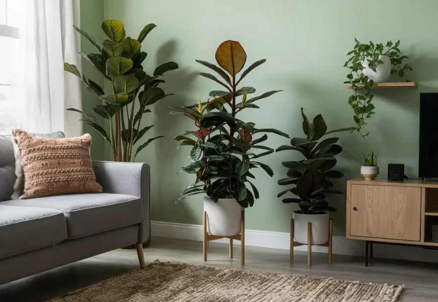 A living room with a couch and several potted plants. In the foreground, on the left side of the image, is a ZZ plant (Zamioculcas zamiifolia) with dark green, glossy leaves. Other houseplants are visible in the background.