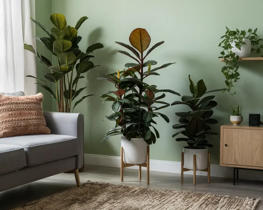 A living room with a couch and several potted plants. In the foreground, on the left side of the image, is a ZZ plant (Zamioculcas zamiifolia) with dark green, glossy leaves. Other houseplants are visible in the background.