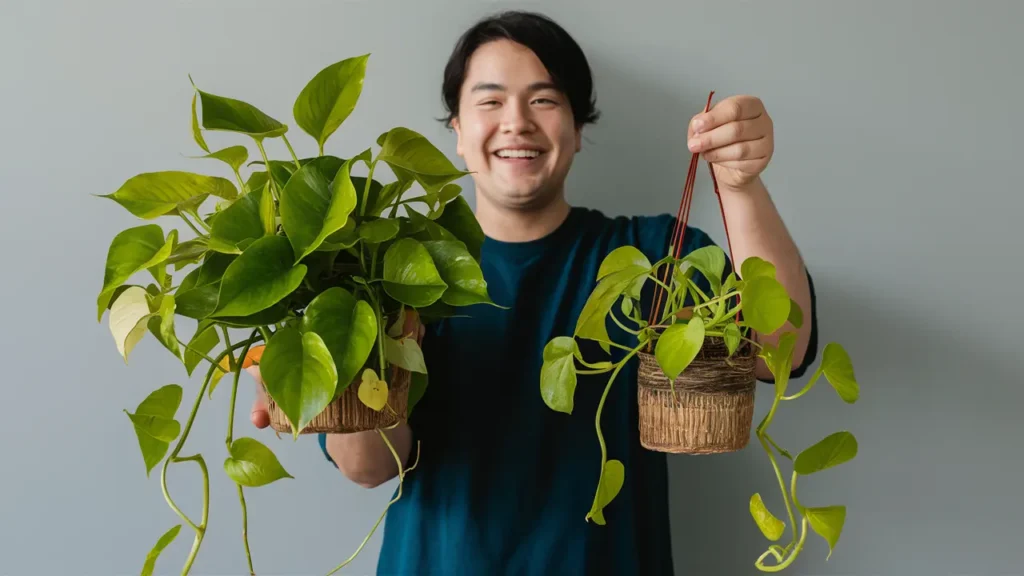 A person with a smiling face holding two pothos plants. The plant in the left hand is a large, mature pothos with trailing vines and vibrant green leaves. The plant in the right hand is a smaller, developing pothos with new growth.