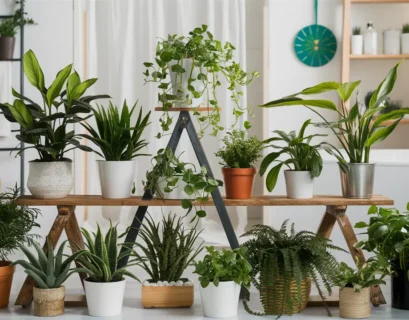 A collection of ten houseplants in various pots sitting on a bathroom shelf and floor. The shelf holds a snake plant, a fern, and a peace lily.
