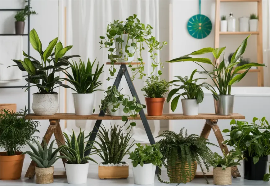 A collection of ten houseplants in various pots sitting on a bathroom shelf and floor. The shelf holds a snake plant, a fern, and a peace lily.