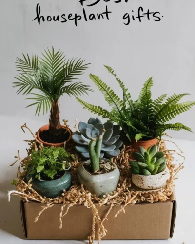 A cardboard box filled with various potted houseplants. Some of the visible plants include a succulent, a fern, and a snake plant.