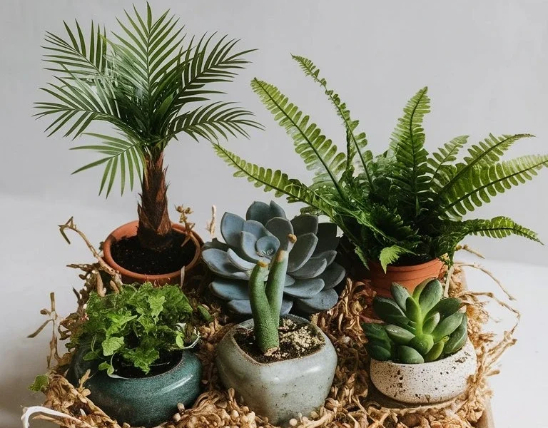 A cardboard box filled with various potted houseplants. Some of the visible plants include a succulent, a fern, and a snake plant.