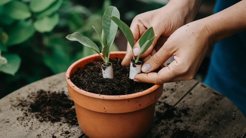 person inserts cuttings in a pot to Grow Plants From Cuttings