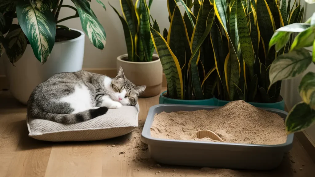 cat sleeping next to potted houseplants 