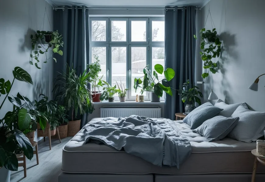 Monstera Deliciosa houseplant with large, split leaves sits on a nightstand in a cozy bedroom.