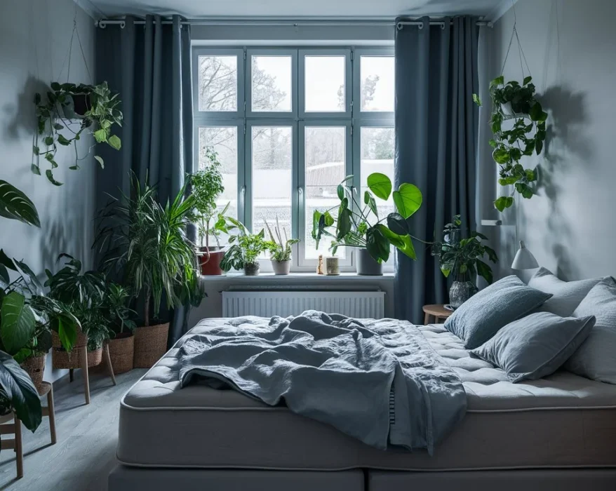 Monstera Deliciosa houseplant with large, split leaves sits on a nightstand in a cozy bedroom.
