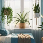 A photorealistic image of a cozy bedroom bathed in soft morning light. Five houseplants, that are the best houseplants for bedroom, are strategically placed to enhance a feeling of tranquility: lavender on a nightstand, spider plant hanging in a basket, aloe vera on a windowsill, snake plant in a macrame hanger, and peace lily beside an armchair.