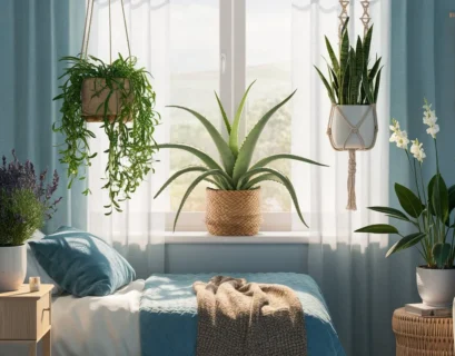 A photorealistic image of a cozy bedroom bathed in soft morning light. Five houseplants, that are the best houseplants for bedroom, are strategically placed to enhance a feeling of tranquility: lavender on a nightstand, spider plant hanging in a basket, aloe vera on a windowsill, snake plant in a macrame hanger, and peace lily beside an armchair.
