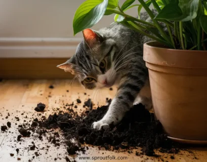 A brown tabby cat digging in the soil of a potted houseplant on a wooden floor.