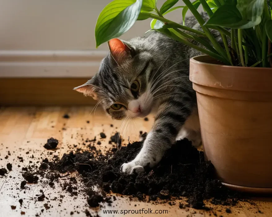 A brown tabby cat digging in the soil of a potted houseplant on a wooden floor.