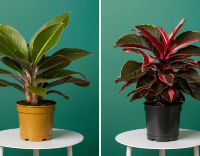 Two ZZ Plants (Zamioculcas zamiifolia and Raven ZZ) in modern pots sitting on separate tables. The plants have dark green, glossy leaves.