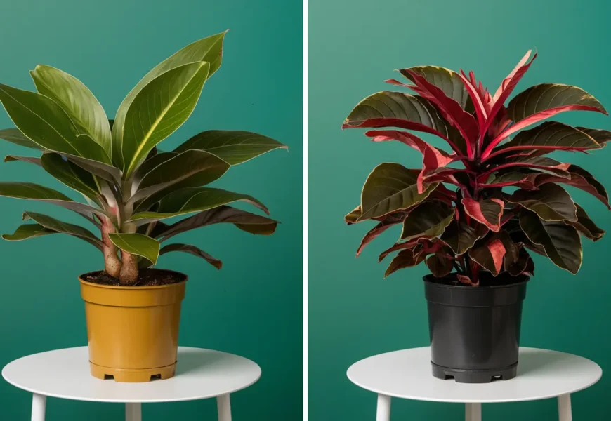 Two ZZ Plants (Zamioculcas zamiifolia and Raven ZZ) in modern pots sitting on separate tables. The plants have dark green, glossy leaves.