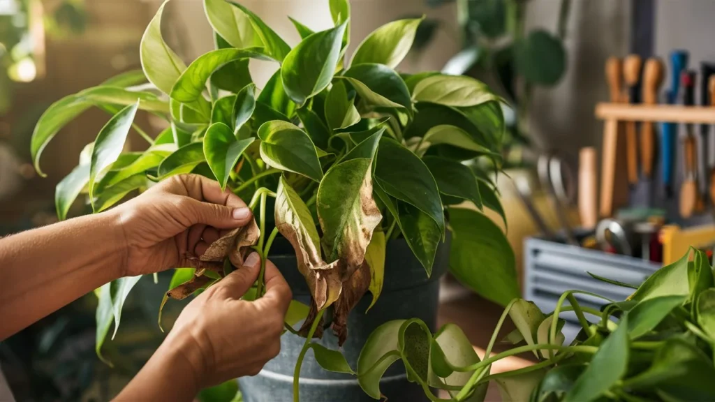 person Removes dead Lower Leaves from pothos plant to Grow Plants From Cuttings