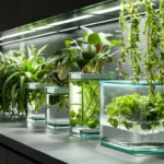 A row of clear glass vases filled with water. Each vase contains a different houseplant, including pothos with trailing green leaves, philodendron with heart-shaped leaves, and snake plant with upright green stalks.