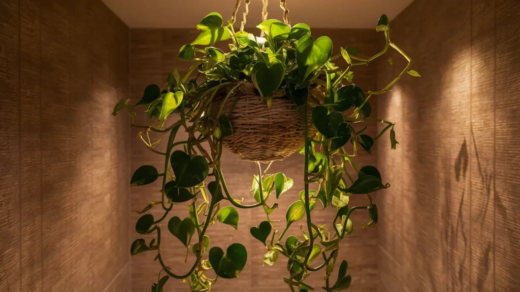 Philodendron plant hangging in a bathroom