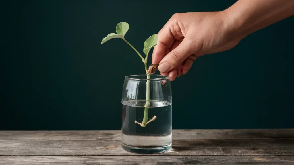 person puts a cutting in water to Grow Plants From Cuttings