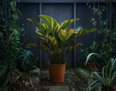 A ZZ plant (Zamioculcas zamiifolia) with dark green, glossy leaves sits in a brightly lit room next to other houseplants.