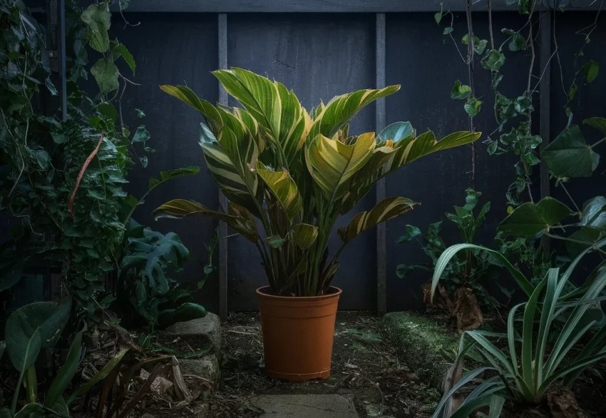 A ZZ plant (Zamioculcas zamiifolia) with dark green, glossy leaves sits in a brightly lit room next to other houseplants.