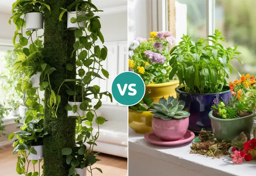 Split-screen image showcasing Vertical Gardening (lush plants on a living wall) vs. Horizontal Gardening (vibrant potted plants on a windowsill).