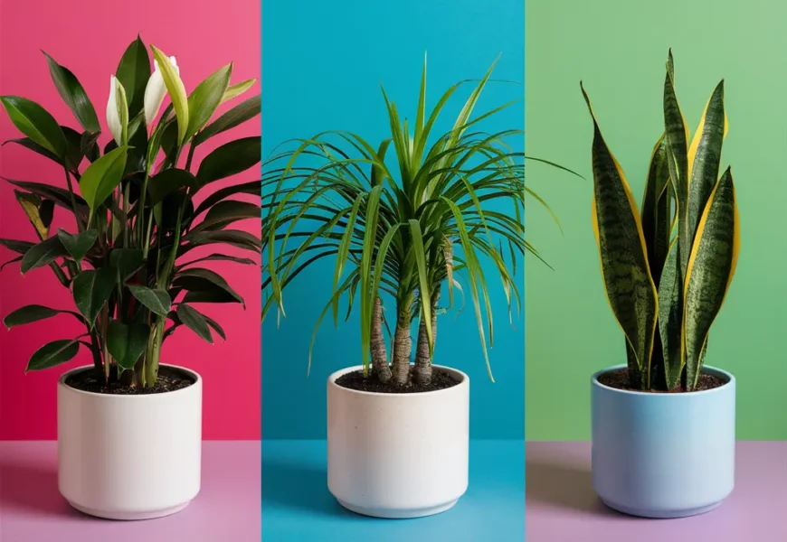 Three potted houseplants on a colorful background. From left to right: Snake Plant with upright green leaves, ZZ Plant with glossy dark green leaves, and Pothos with cascading green vines.