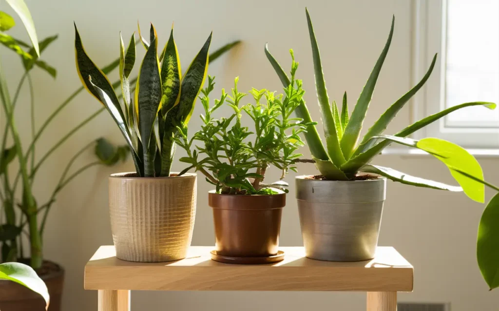 Three houseplants in modern pots sitting on a wooden table. The plants from left to right are a Snake Plant (Sansevieria) with upright green leaves, a Chinese Everlasting Plant (Schefflera arboricola) with glossy green leaves, and a Cast Iron Plant (Aspidistra elatior) with dark green, air-purifying leaves.