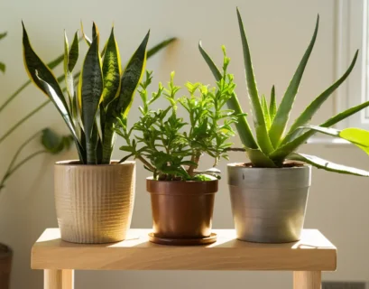 Three houseplants in modern pots sitting on a wooden table. The plants from left to right are a Snake Plant (Sansevieria) with upright green leaves, a Chinese Everlasting Plant (Schefflera arboricola) with glossy green leaves, and a Cast Iron Plant (Aspidistra elatior) with dark green, air-purifying leaves which thrive on daily watering .