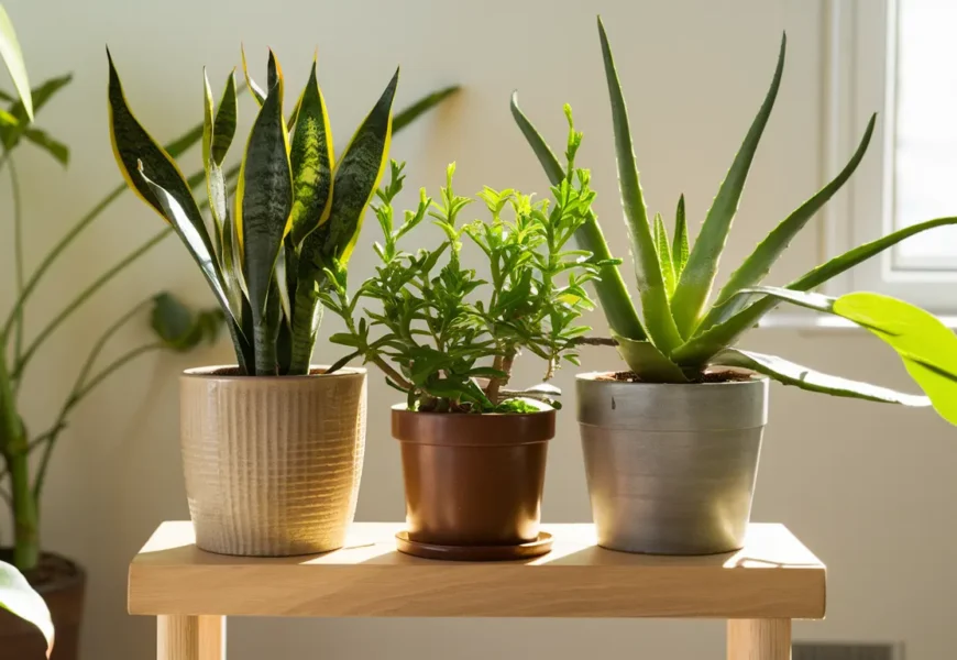 Three houseplants in modern pots sitting on a wooden table. The plants from left to right are a Snake Plant (Sansevieria) with upright green leaves, a Chinese Everlasting Plant (Schefflera arboricola) with glossy green leaves, and a Cast Iron Plant (Aspidistra elatior) with dark green, air-purifying leaves which thrive on daily watering .