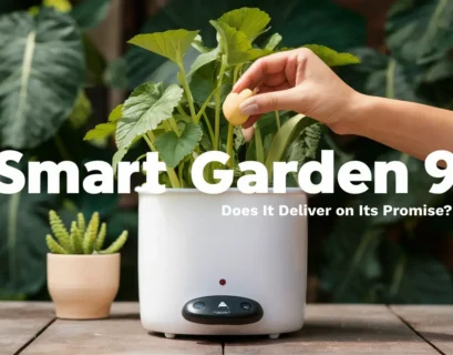 A white Smart Garden 9 with nine plant pods. The pods have clear covers and some contain green seedlings. The Smart Garden 9 has a built-in light at the top.