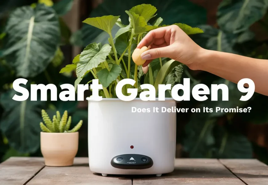 A white Smart Garden 9 with nine plant pods. The pods have clear covers and some contain green seedlings. The Smart Garden 9 has a built-in light at the top.