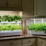 Two LetPot hydroponic growing systems sit side-by-side. The system on the left is a smaller 5-pod unit, while the system on the right is a larger 12-pod unit. Both systems have LED lights and reservoirs for water and nutrients.