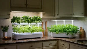 Two LetPot hydroponic growing systems sit side-by-side. The system on the left is a smaller 5-pod unit, while the system on the right is a larger 12-pod unit. Both systems have LED lights and reservoirs for water and nutrients.