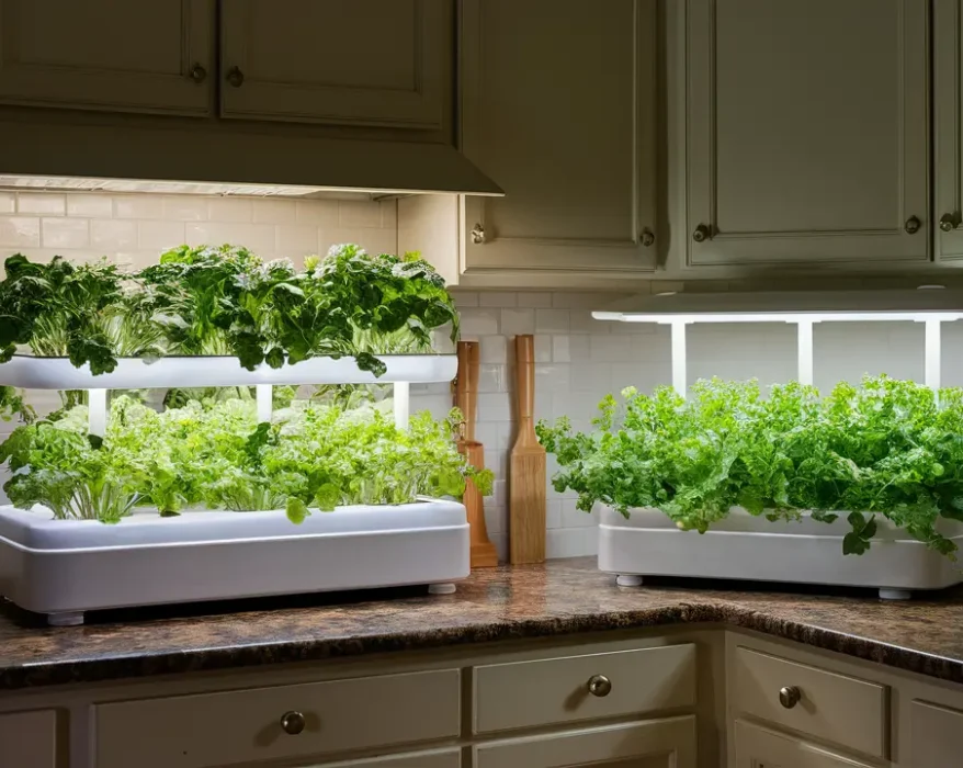 Two LetPot hydroponic growing systems sit side-by-side. The system on the left is a smaller 5-pod unit, while the system on the right is a larger 12-pod unit. Both systems have LED lights and reservoirs for water and nutrients.