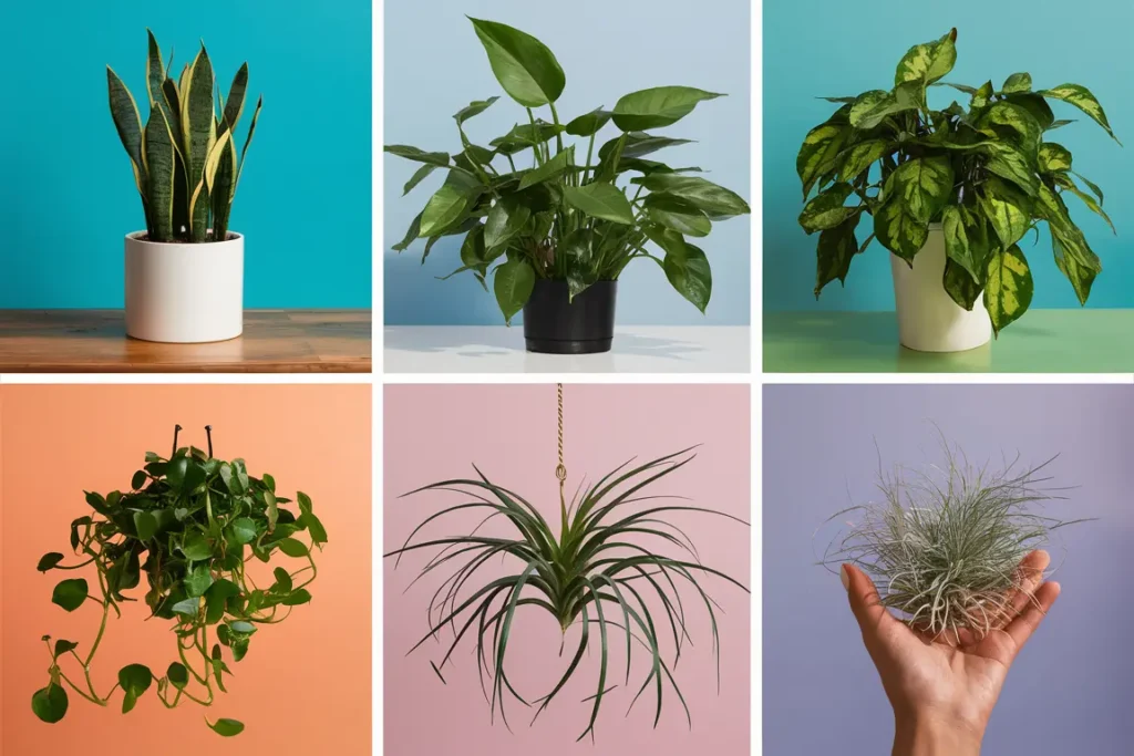 collage of Top Picks for Easy-Care Houseplant Gifts : Snake Plant, ZZ Plant, Pothos, Spider Plant and Air Plants. Ideal for gifting houseplants