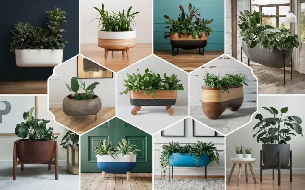 A collage of self-watering planters in various styles and sizes. Some planters have water reservoirs visible at the bottom. Houseplants with green foliage thrive in the planters.