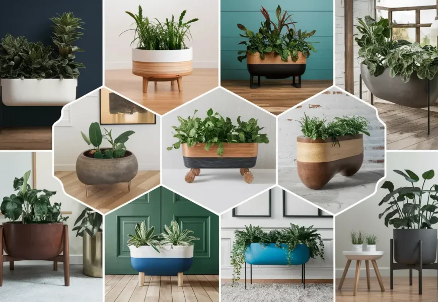 A collage of self-watering planters in various styles and sizes. Some planters have water reservoirs visible at the bottom. Houseplants with green foliage thrive in the planters.