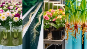 Collage of flowers and herbs grown hydroponically. The flowers include roses, lilies, and carnations. The herbs include basil and mint.