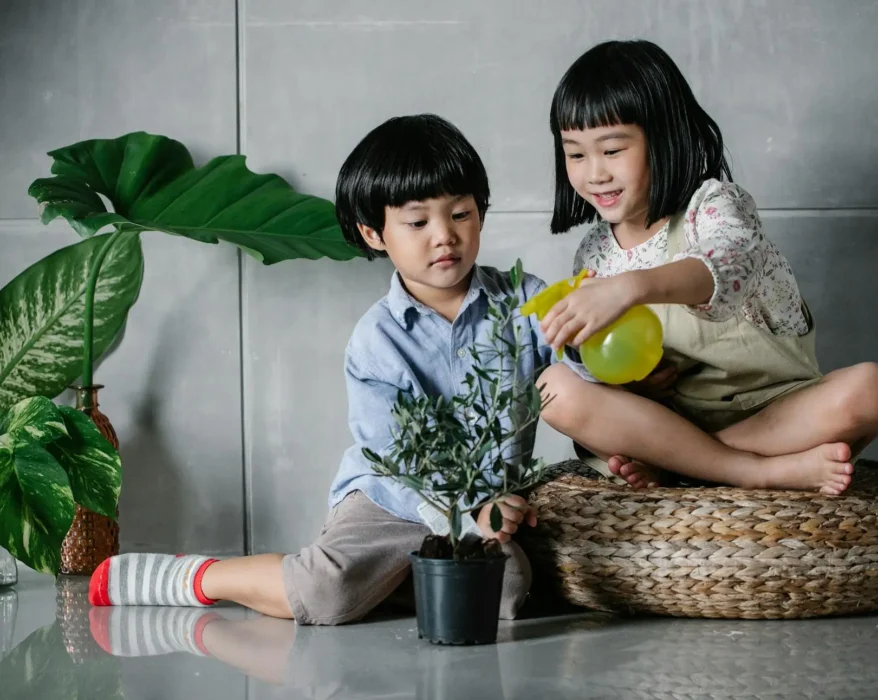 A collection of houseplants in various colorful pots sitting on a shelf with children's books and toys nearby.