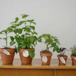 A row of potted plants sitting on top of a wooden table. The pots contain herbs like basil, mint, oregano, and thyme.