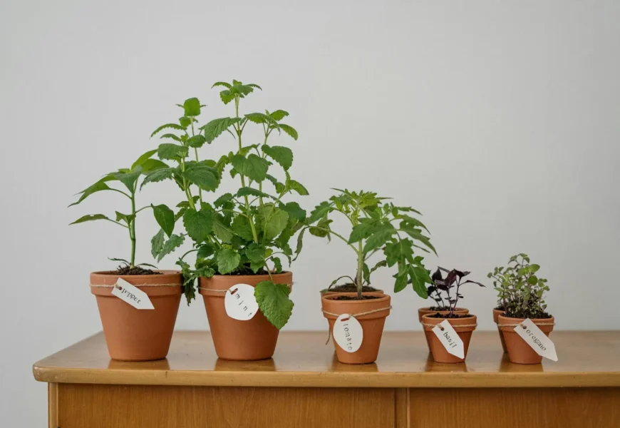 A row of potted plants sitting on top of a wooden table. The pots contain herbs like basil, mint, oregano, and thyme.