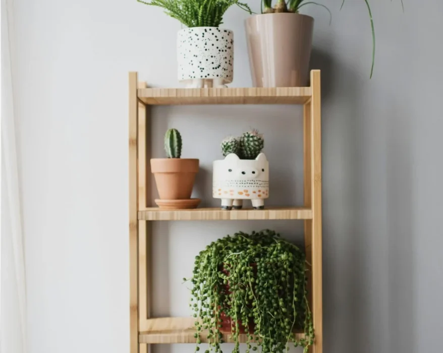 A wooden shelf filled with various potted houseplants in colorful containers.