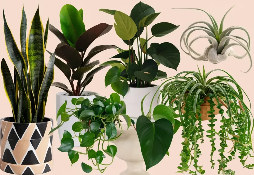 A row of diverse potted houseplants on a wooden table. The plants include a snake plant, a pothos vine, a fern, and a flowering cactus.