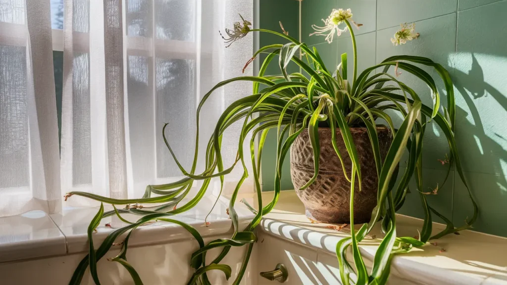 a flowerful Spider Plant  in bathroom window