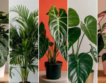 A collage of top 5 trendy houseplants Philodendron Moonlight, The Majesty Palm, Dragon Scale Alocasia, Anthurium Crystallinum and Pink Syngonium