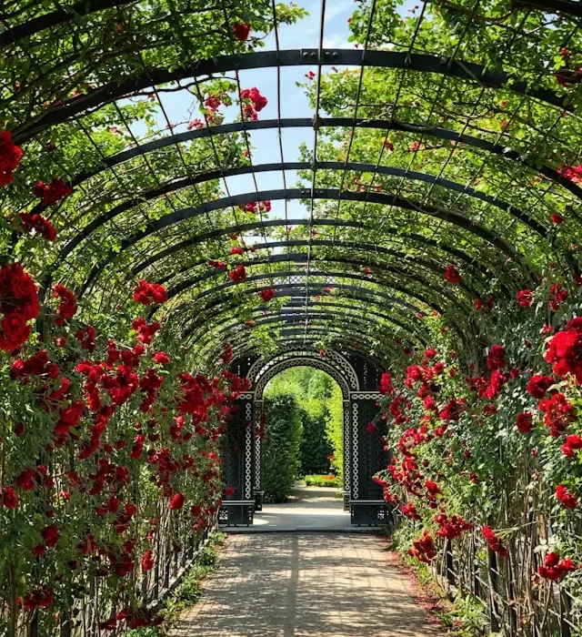 A red rose vine climbing on a metal trellis with a square grid design in a garden.